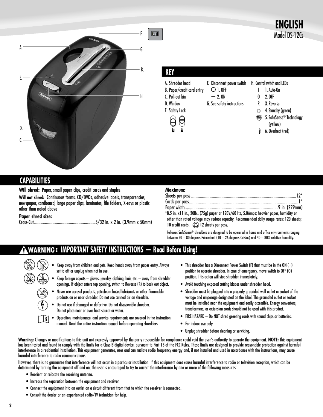 Fellowes DS-12Cs manual Capabilities, Key, Off 