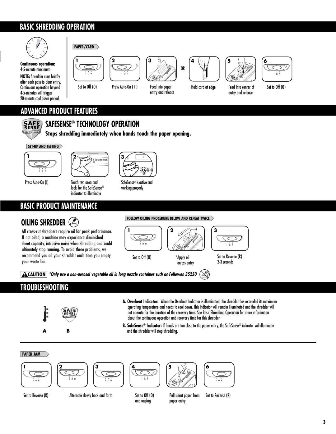 Fellowes DS-12Cs manual Basic Shredding Operation, Safesense Technology Operation, Oiling Shredder, Troubleshooting 