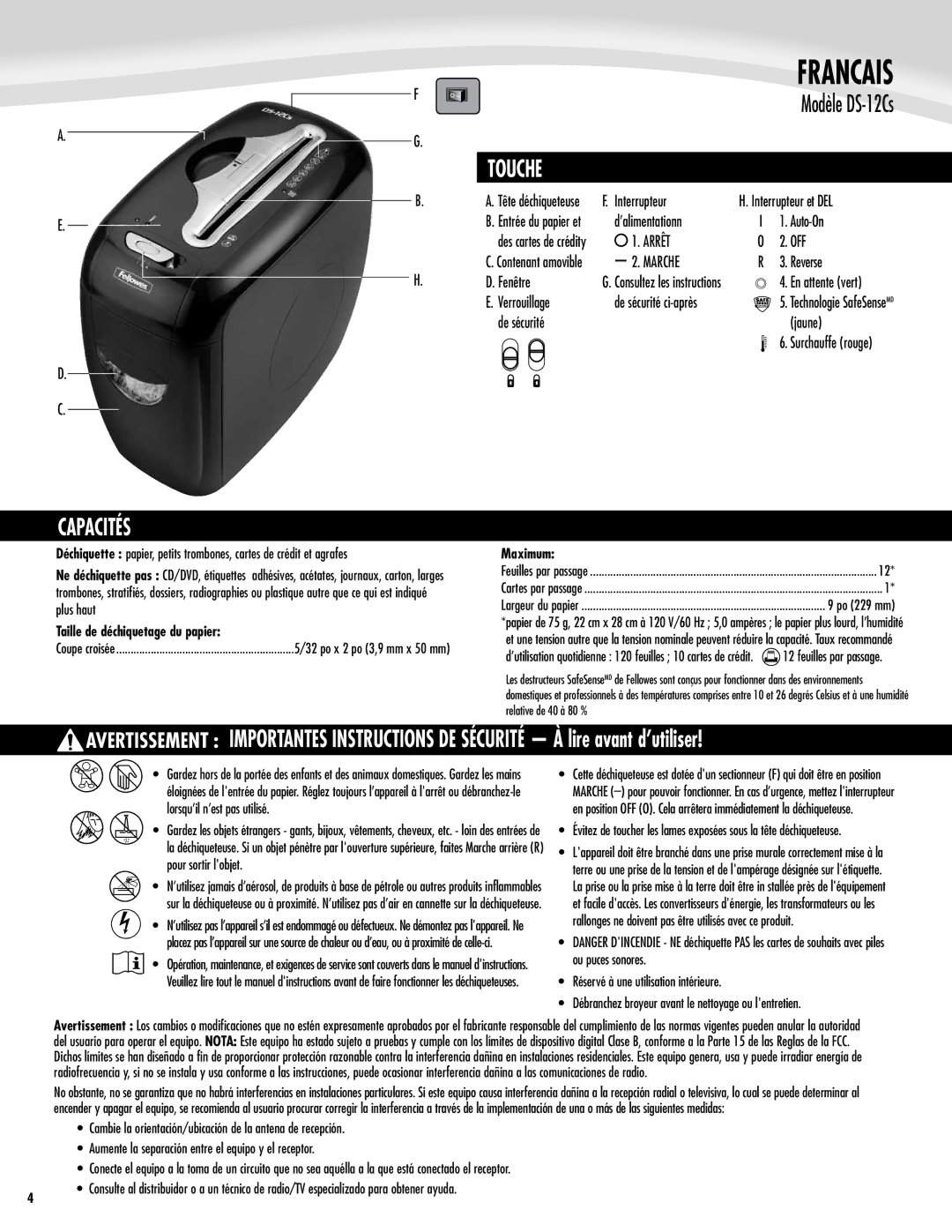 Fellowes DS-12Cs manual Capacités, Touche, Arrêt, Marche 