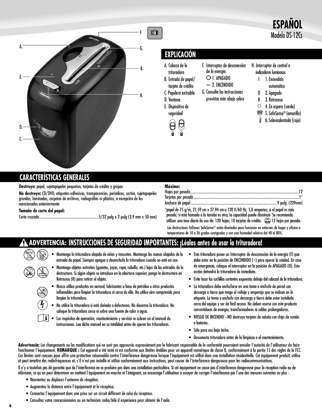 Fellowes DS-12Cs manual Características Generales Explicación 