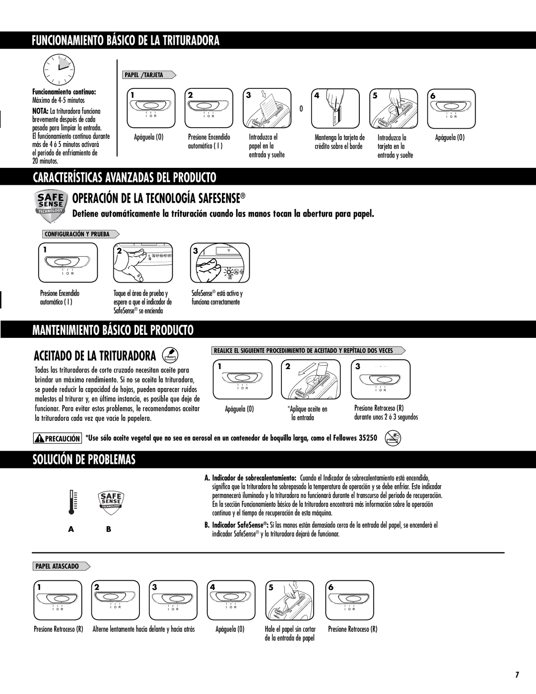 Fellowes DS-12Cs Funcionamiento Básico DE LA Trituradora, Operación DE LA Tecnología Safesense, Solución DE Problemas 