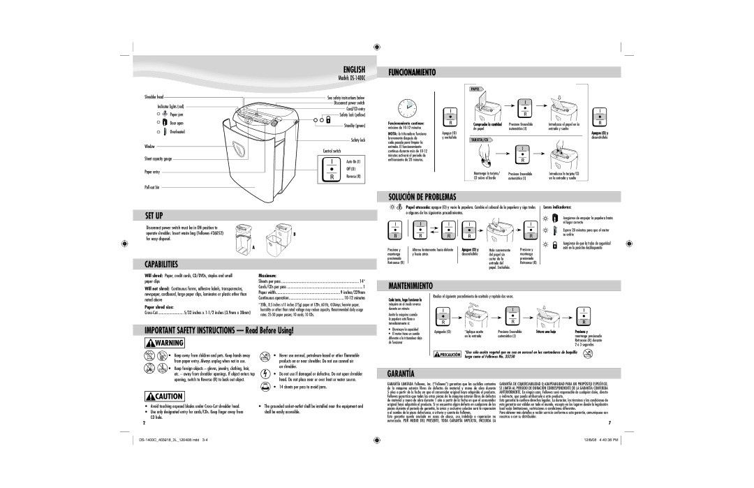 Fellowes DS-1400C manual Set Up, Solución DE Problemas, Capabilities, Mantenimiento, Garantía 