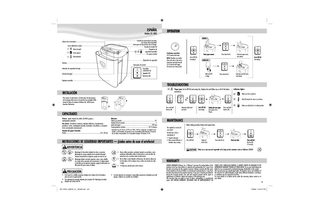 Fellowes DS-1400C manual Añol, Instalación, Troubleshooting, Capacidades, Advertencia, Warranty, Precaución 