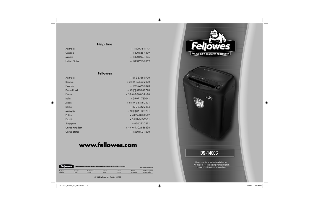 Fellowes manual DS-1400C1400C, Help Line, Fellowes 