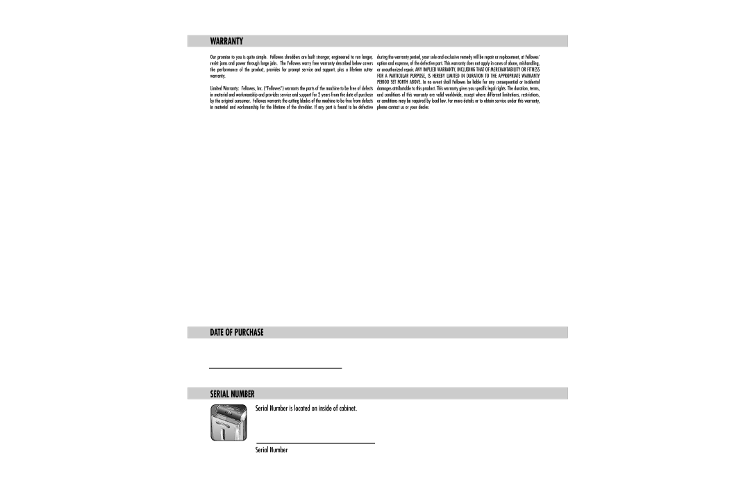 Fellowes DS-16Ci manual Warranty, Date of Purchase Serial Number 
