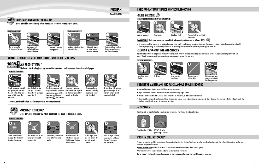 Fellowes DS-16Ci Safesense Technology Operation, Preventive Maintenance and Miscellaneous Troubleshooting, Accessories 