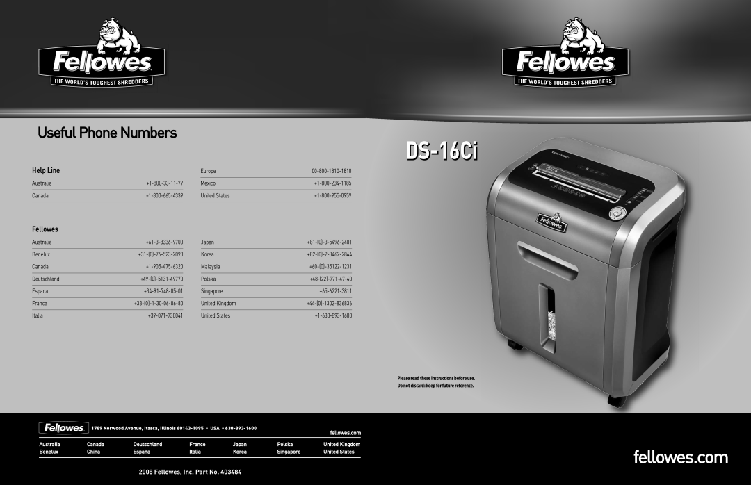 Fellowes DS-16Ci manual Please read these instructions before use, Do not discard keep for future reference, fellowes.com 