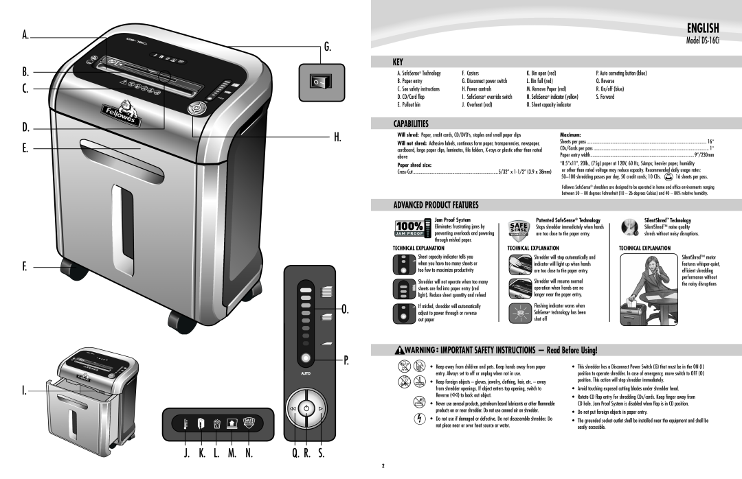 Fellowes English, Model DS-16Ci, Capabilities, IMPORTANT SAFETY INSTRUCTIONS - Read Before Using, Paper shred size 