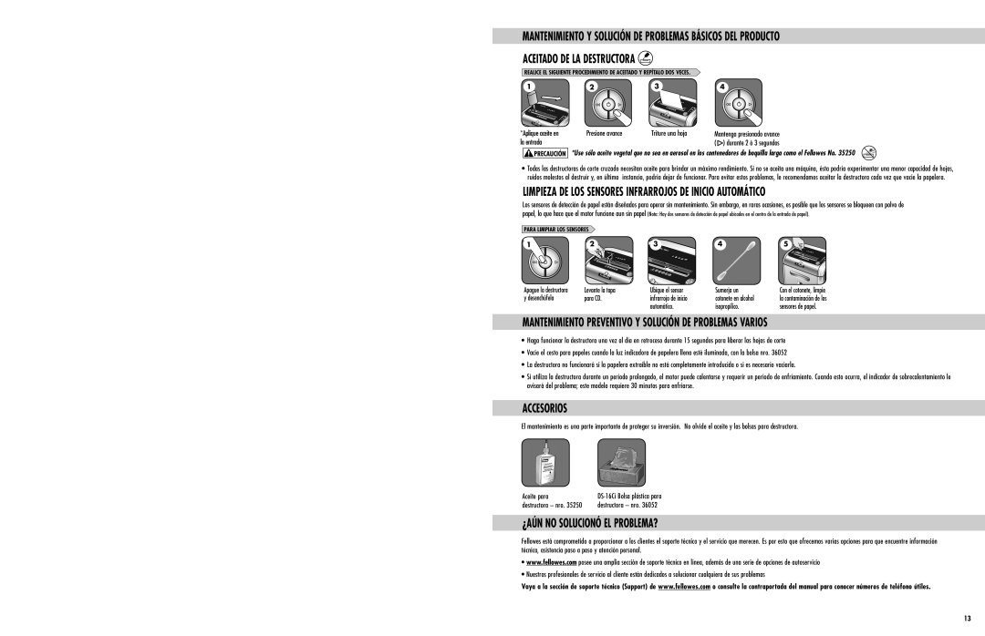 Fellowes DS-16Ci manual Mantenimiento Y Solución De Problemas Básicos Del Producto, Aceitado De La Destructora, Accesorios 