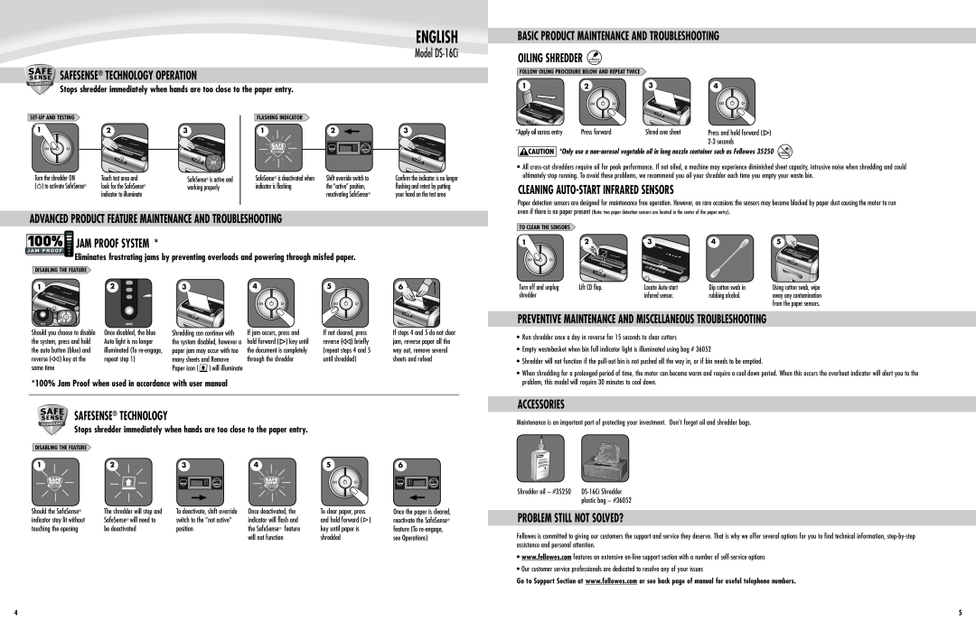 Fellowes DS-16Ci Safesense Technology Operation, Basic Product Maintenance And Troubleshooting Oiling Shredder, English 