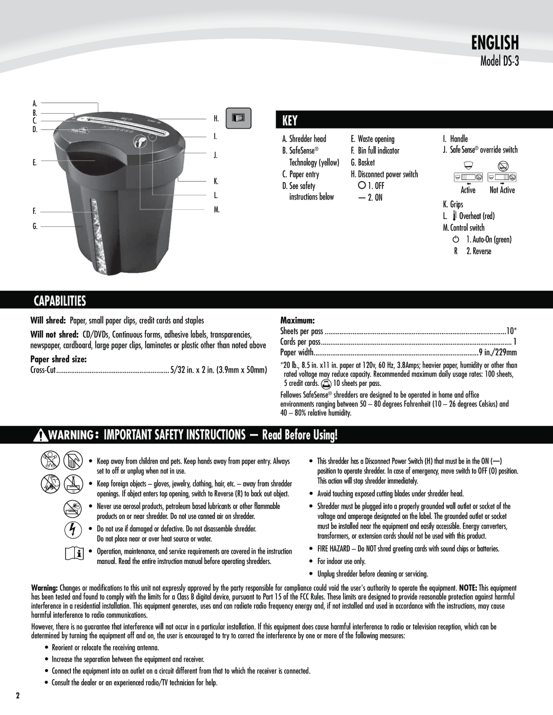 Fellowes manual Key, Model DS-3, Capabilities, Paper shred sizeÊÊÊ, MaximumÊÊÊ 