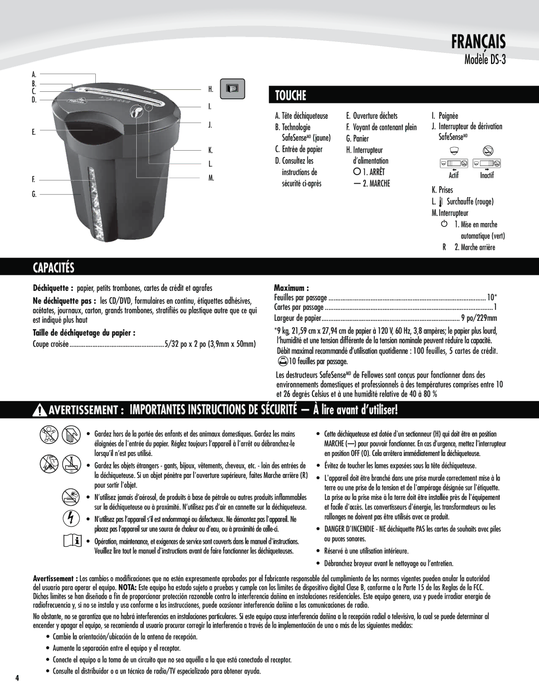 Fellowes DS-3 manual Capacités Touche, Taille de déchiquetage du papier ÊÊ, Maximum Êêêê 