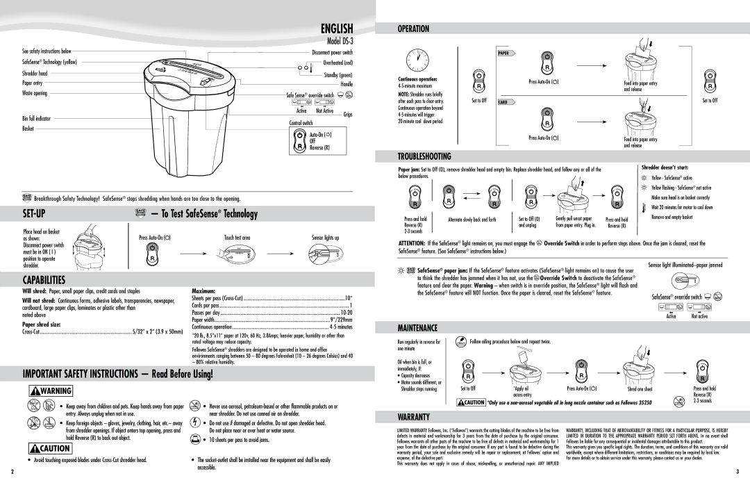 Fellowes DS-3 manual Operation, Troubleshooting, Maintenance, Warranty 