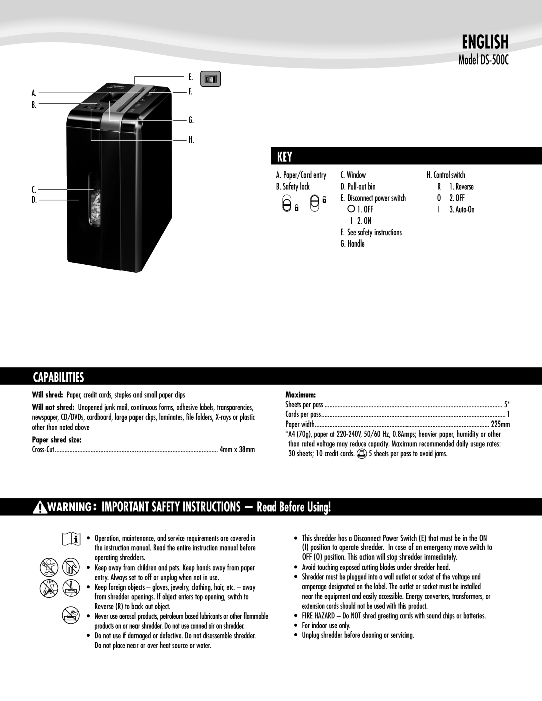 Fellowes DS-500C manual Capabilities, Key, Paper shred size, Maximum 