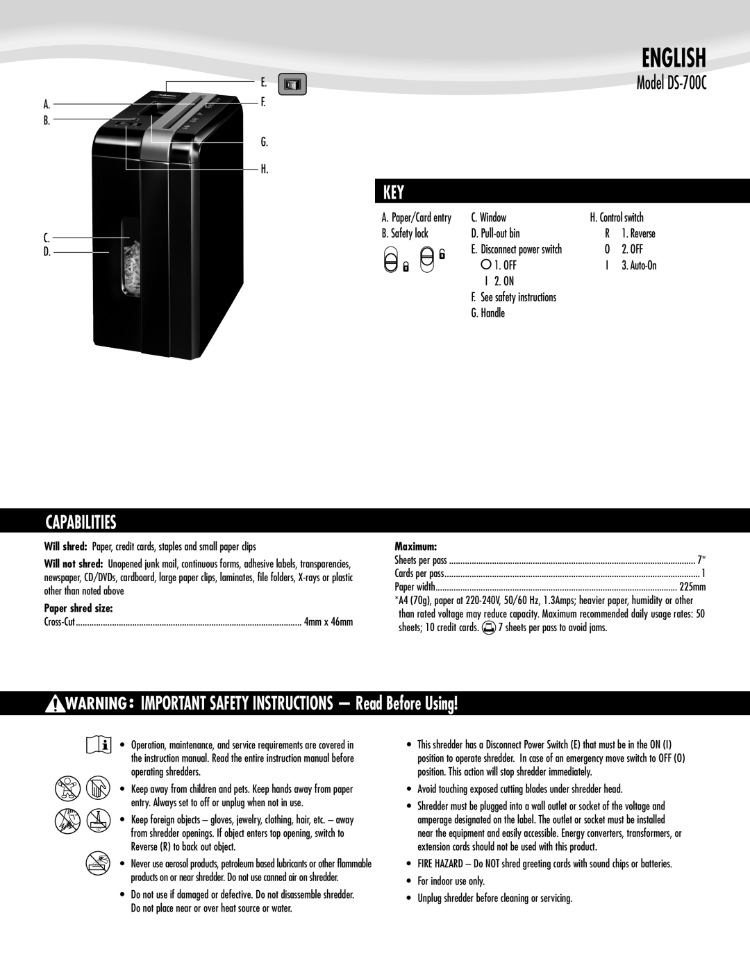 Fellowes DS-700 manual Capabilities, Key, Paper shred size, Maximum 