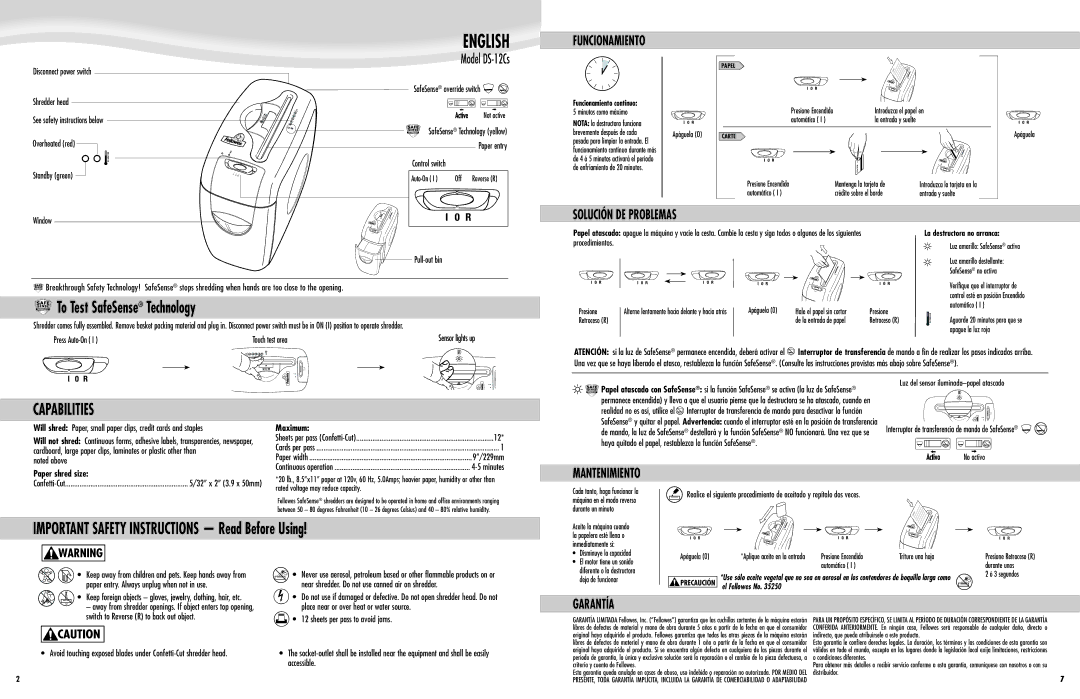 Fellowes DS12Cs manual Funcionamiento, Solución DE Problemas, Mantenimiento, Garantía 