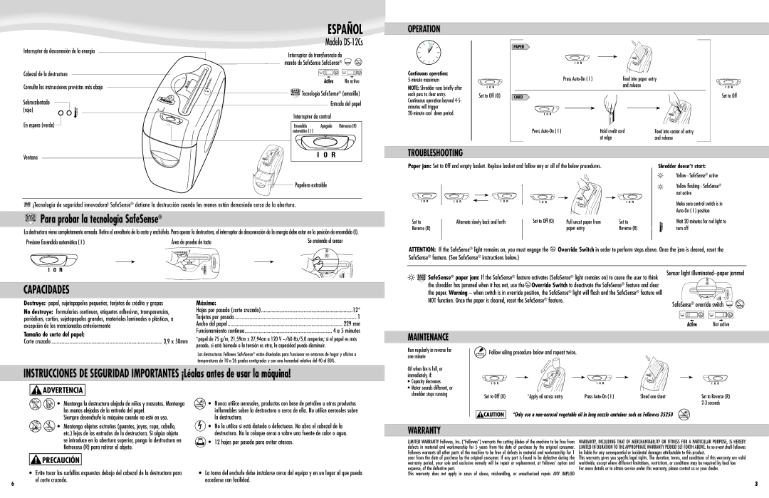 Fellowes DS12Cs manual Operation, Troubleshooting, Maintenance, Warranty 