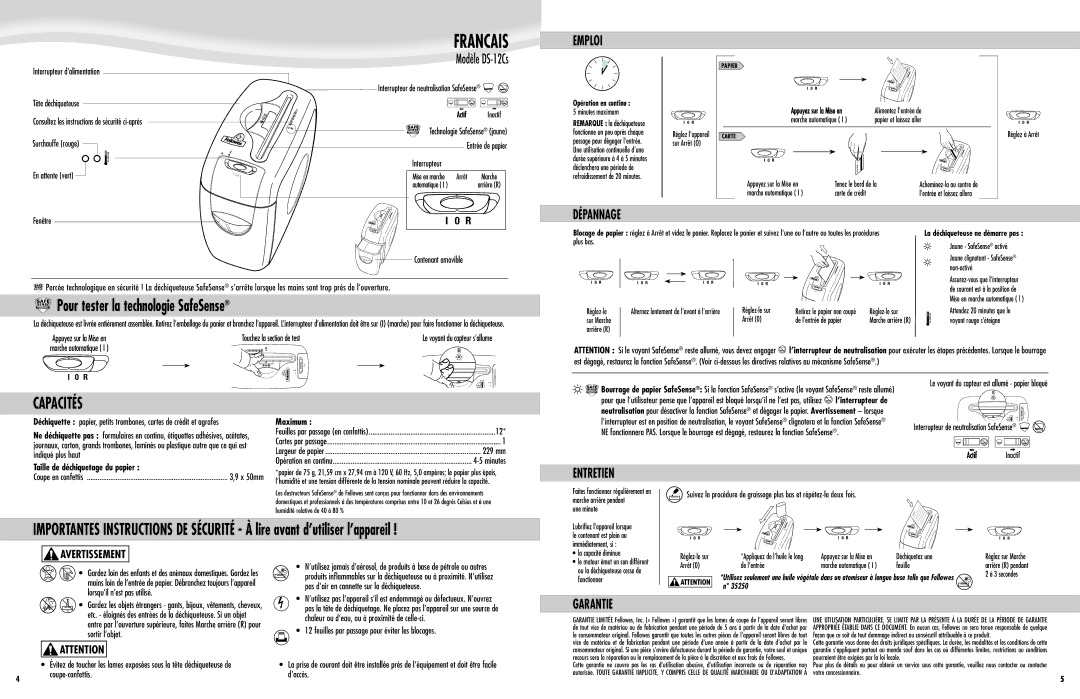 Fellowes DS12Cs manual Emploi, Dépannage, Entretien, Garantie 