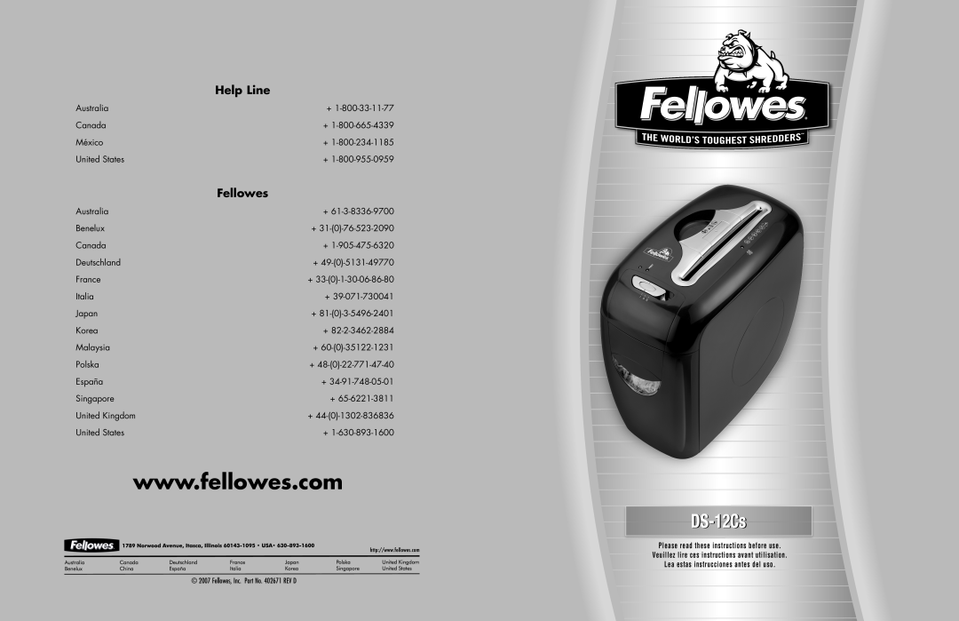 Fellowes DS12Cs manual Help Line, Fellowes, DSDS--12Cs12Cs 
