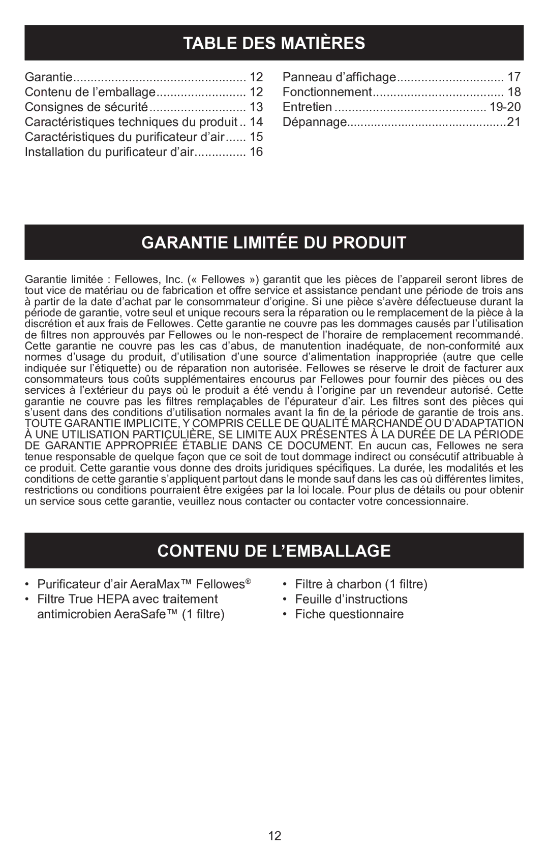 Fellowes DX55 manual Table DES Matières, Garantie Limitée DU Produit, Contenu DE L’EMBALLAGE 