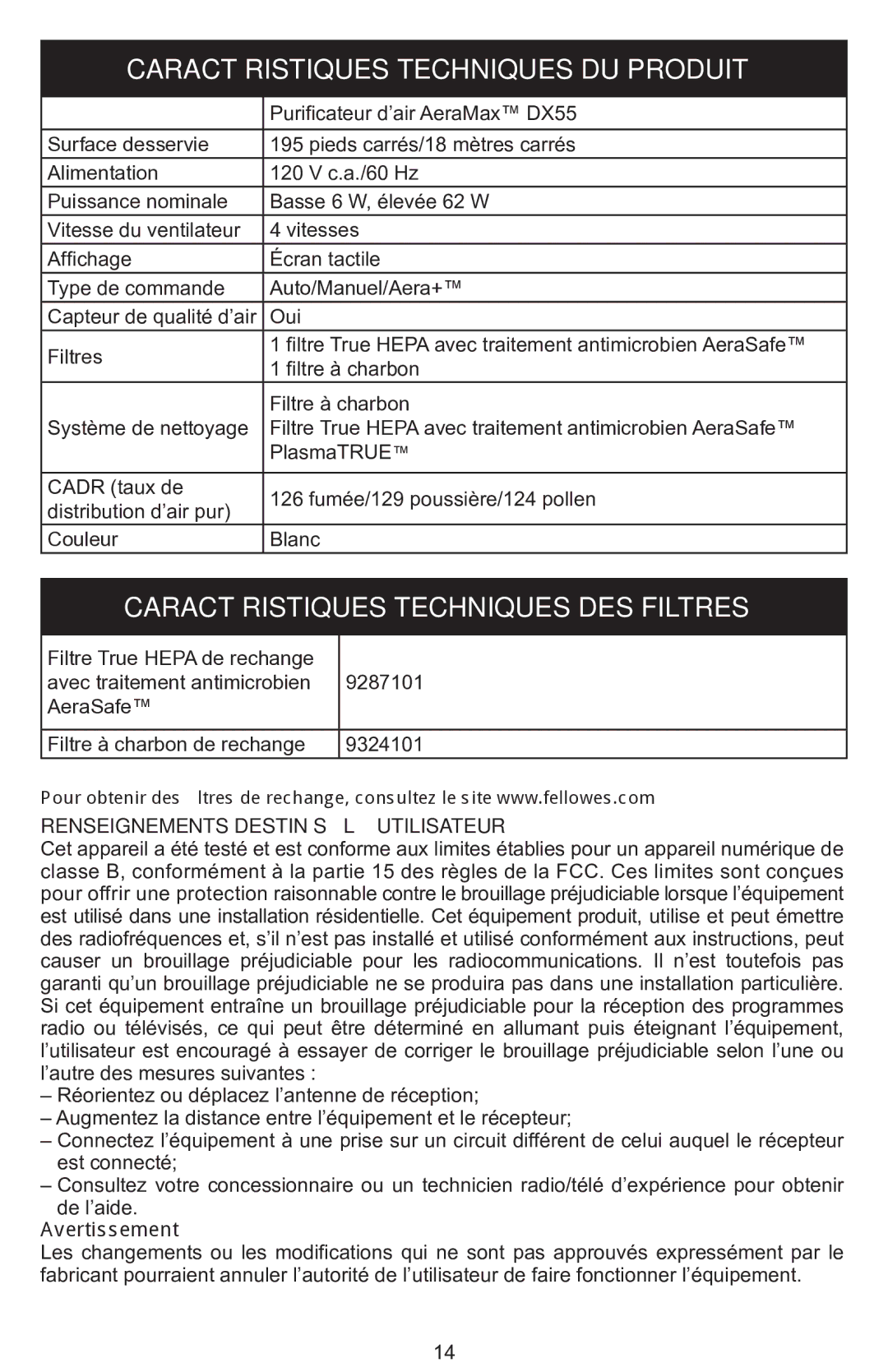 Fellowes DX55 manual Caractéristiques Techniques DU Produit, Caractéristiques Techniques DES Filtres, Avertissement 