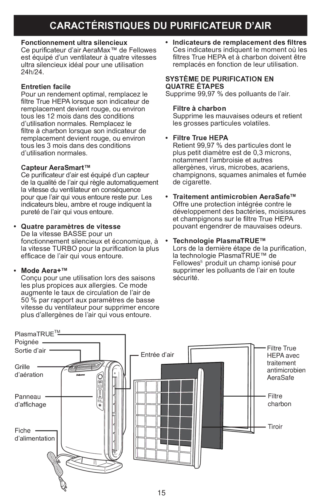 Fellowes DX55 manual Caractéristiques DU Purificateur D’AIR, Fonctionnement ultra silencieux 