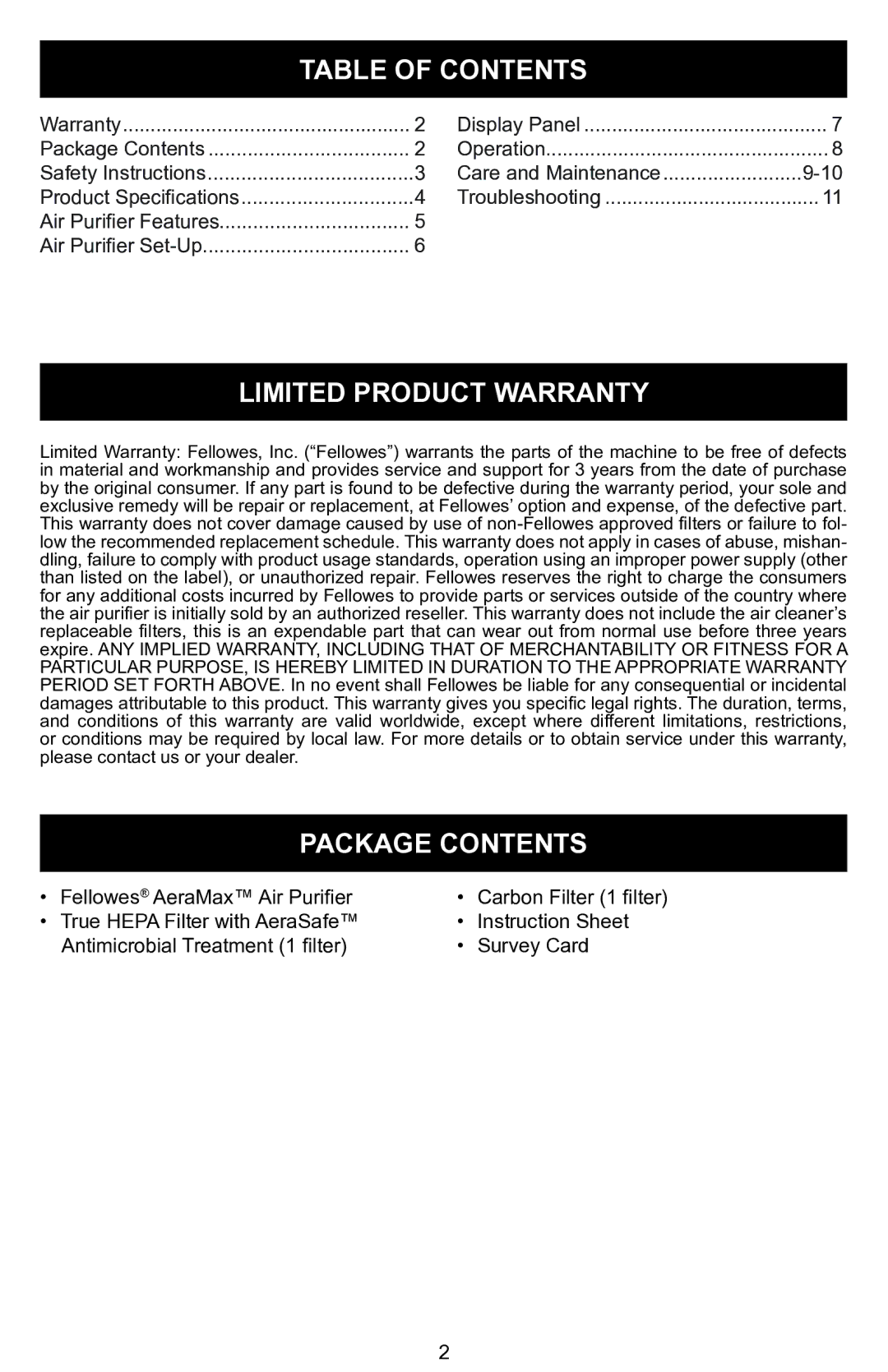 Fellowes DX55 manual Table of Contents, Limited Product Warranty, Package Contents 