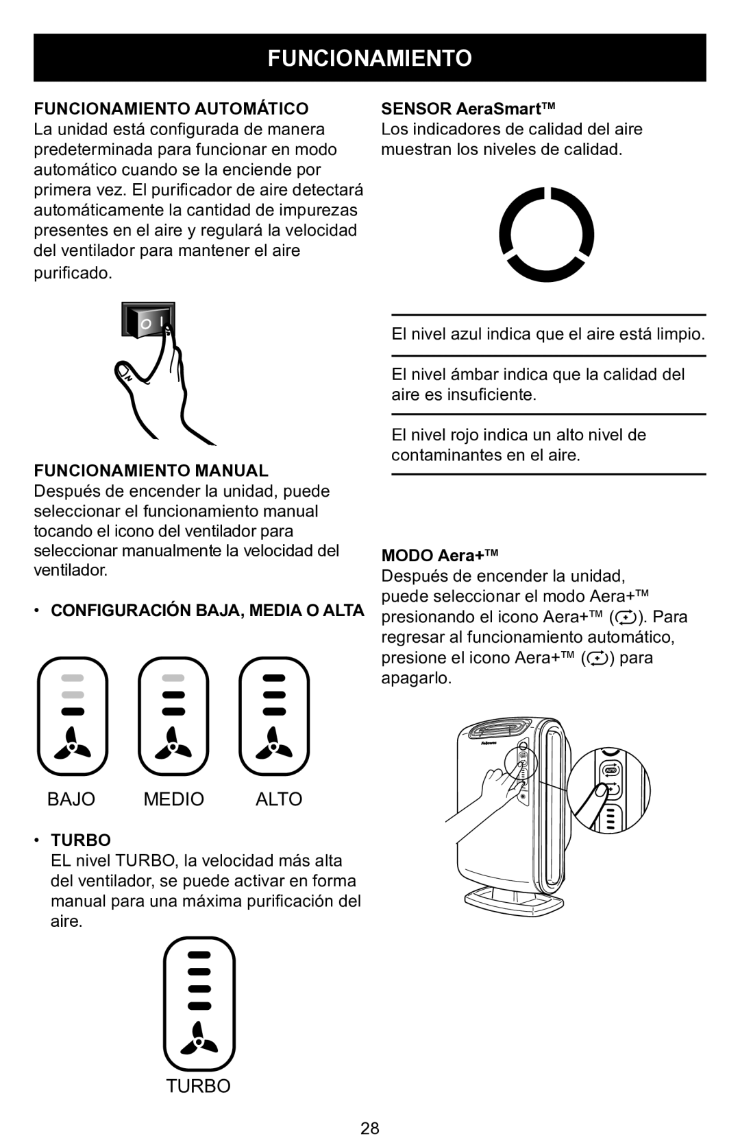 Fellowes DX55 manual Funcionamiento, Modo Aera+ 