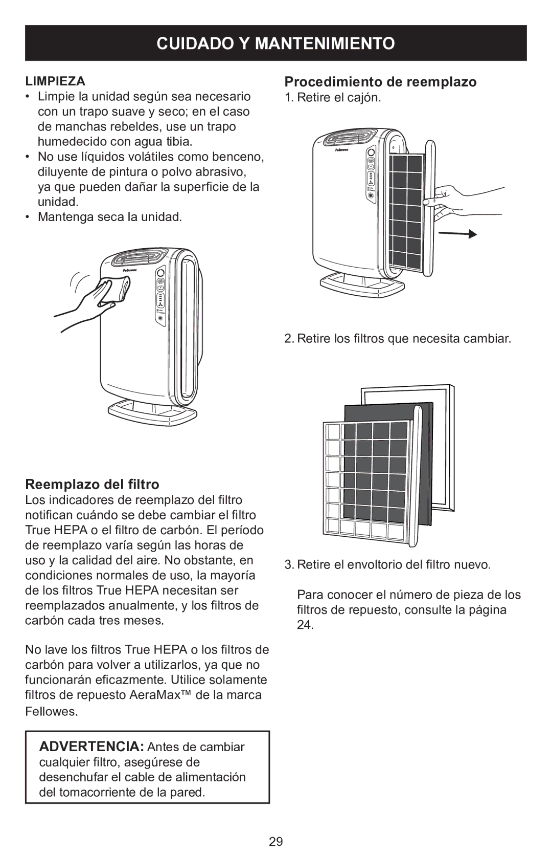 Fellowes DX55 manual Cuidado Y Mantenimiento, Reemplazo del filtro, Procedimiento de reemplazo, Limpieza 