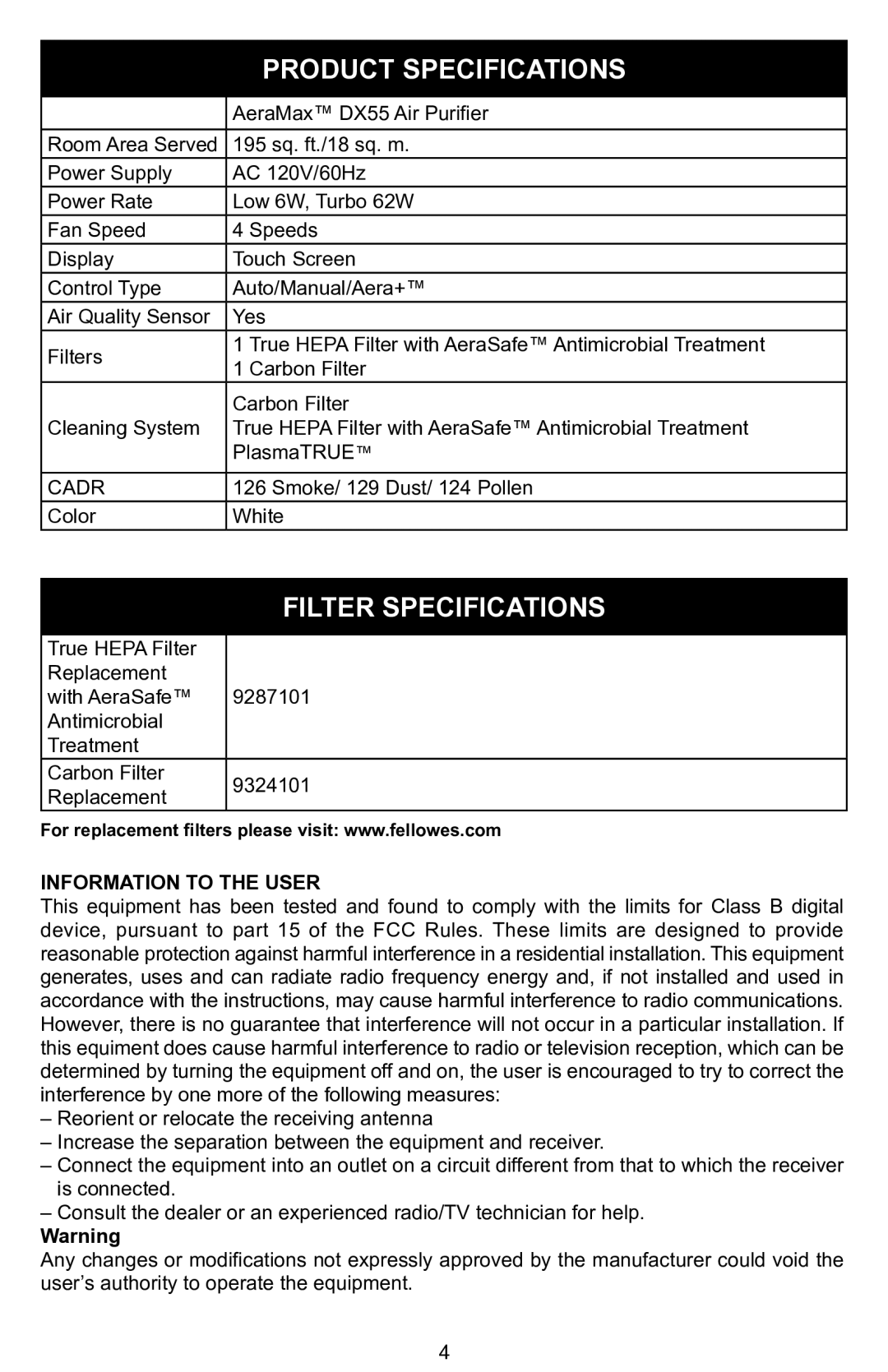 Fellowes DX55 manual Product Specifications, Filter Specifications, Information to the User 