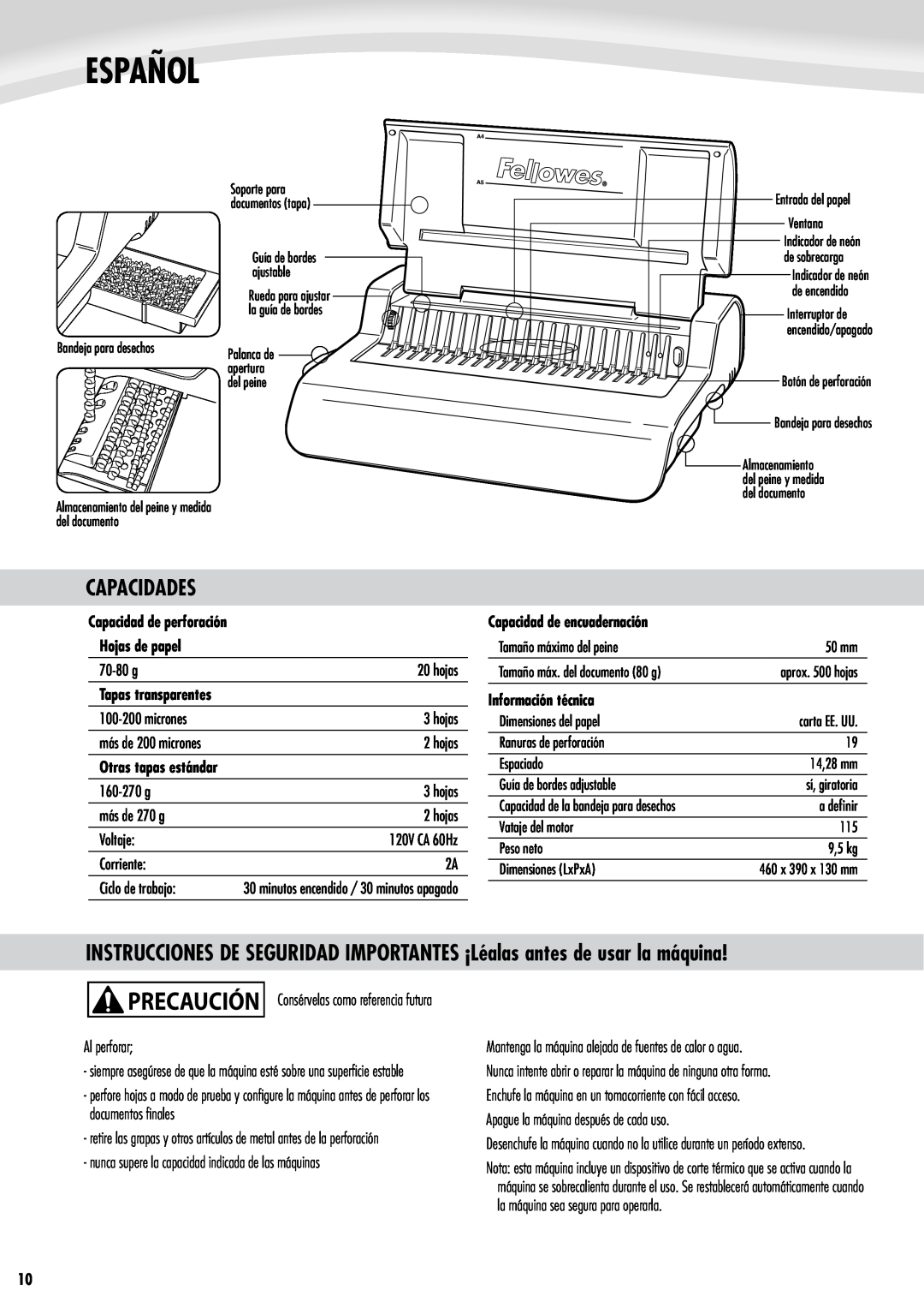 Fellowes e500 manual Español, Capacidades, Capacidad de perforación Hojas de papel, Capacidad de encuadernación 