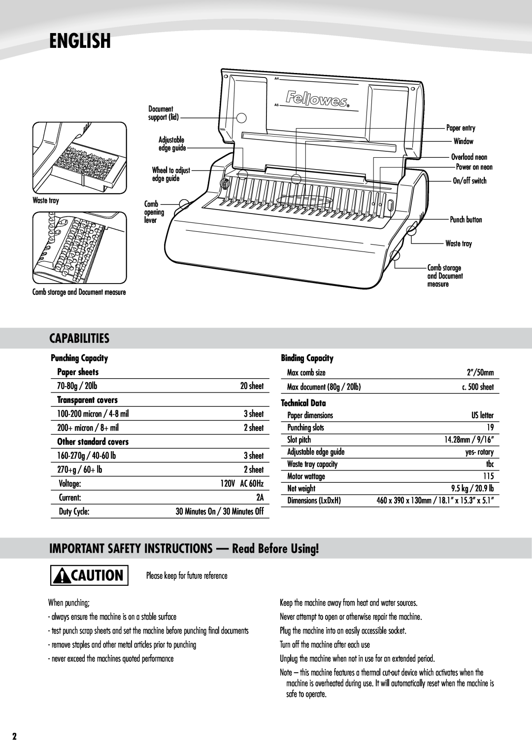 Fellowes e500 English, Capabilities, IMPORTANT SAFETY INSTRUCTIONS - Read Before Using, Punching Capacity Paper sheets 