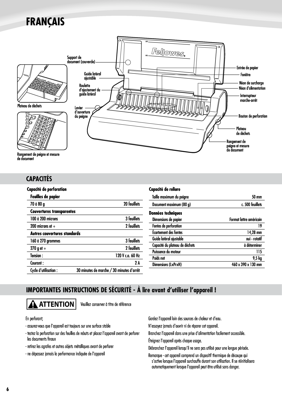 Fellowes e500 manual Français, Capacités, Capacité de perforation Feuilles de papier, Autres couvertures standards 