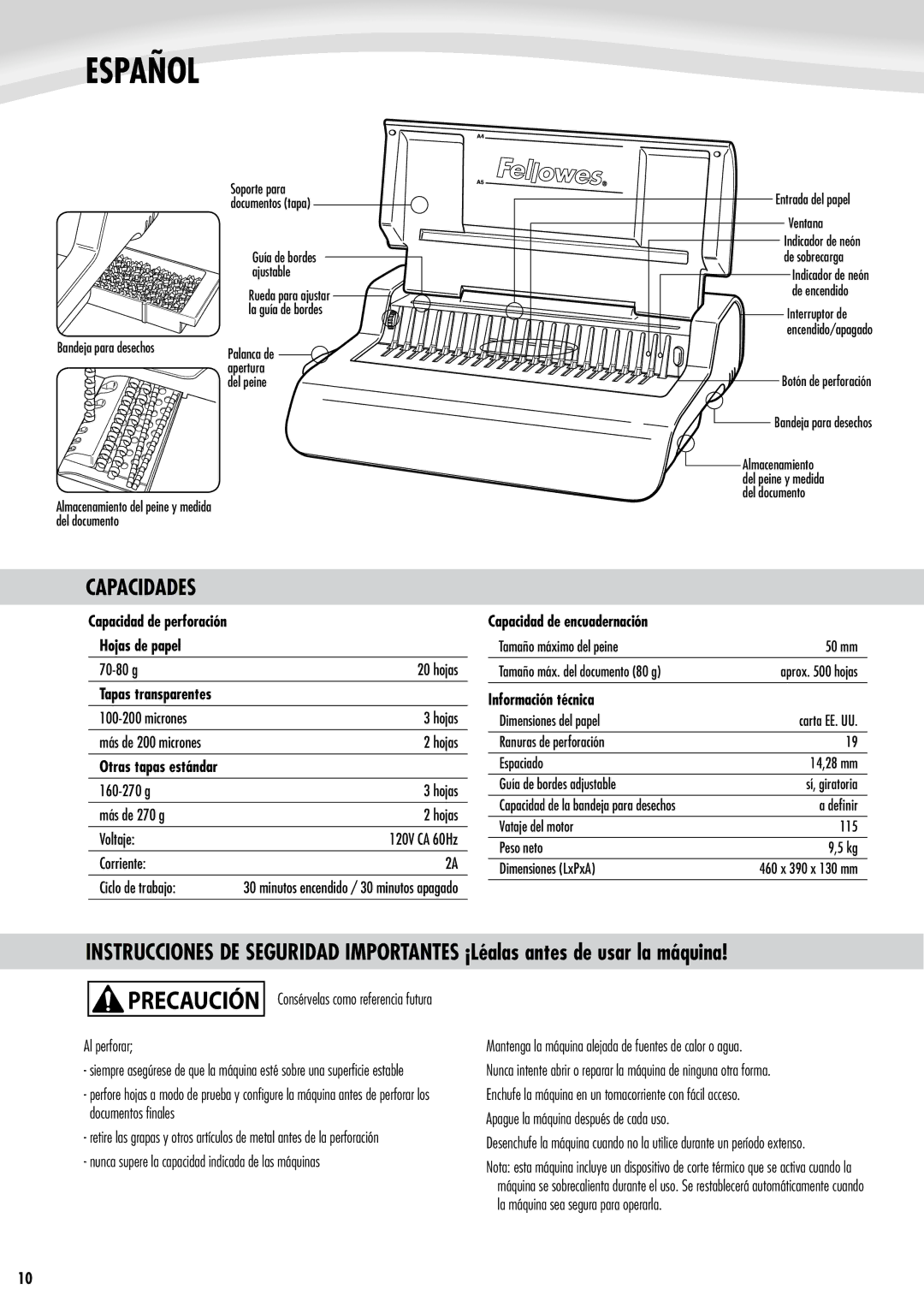 Fellowes e500 manual Español, Capacidades, Capacidad de perforación Hojas de papel, Capacidad de encuadernación 