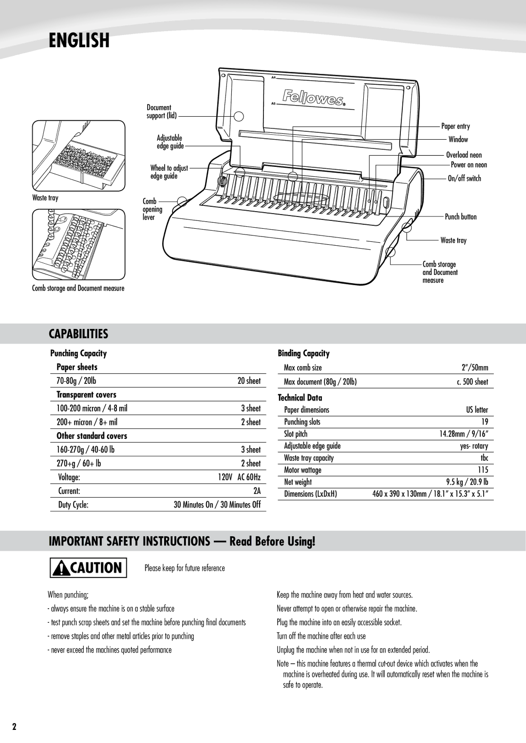 Fellowes e500 manual English, Capabilities 