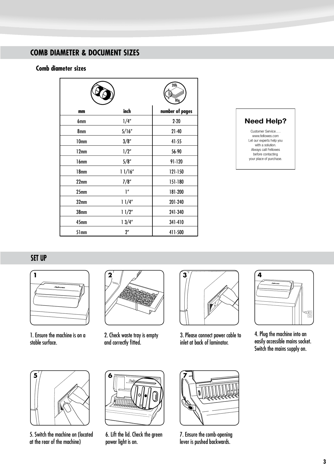 Fellowes e500 manual Comb Diameter & Document Sizes, Set Up, Comb diameter sizes, Need Help? 