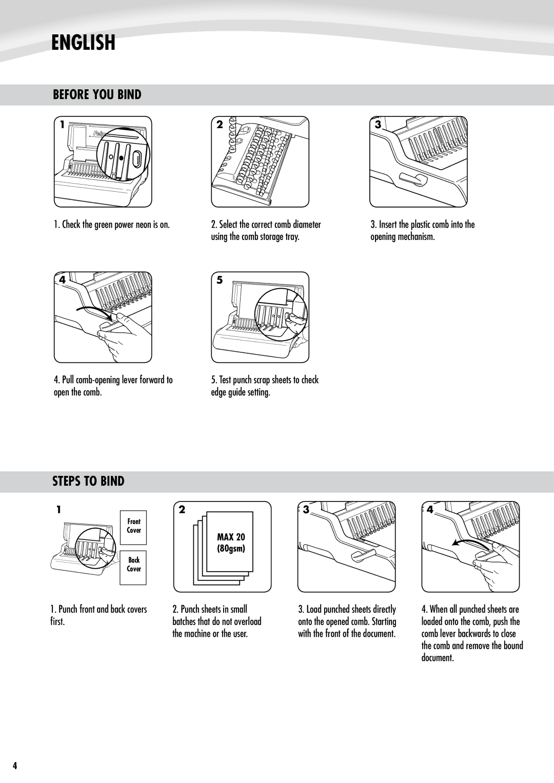 Fellowes e500 manual Before YOU Bind, Steps to Bind, Pull comb-opening lever forward to open the comb, First, Document 