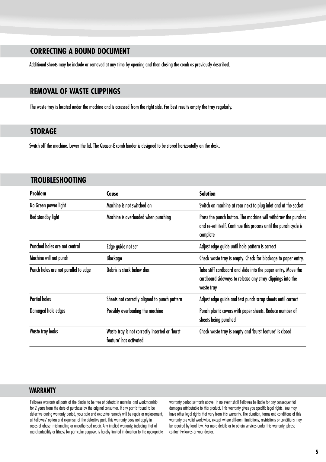 Fellowes e500 manual Correcting a Bound Document, Removal of Waste Clippings, Storage, Troubleshooting, Warranty 