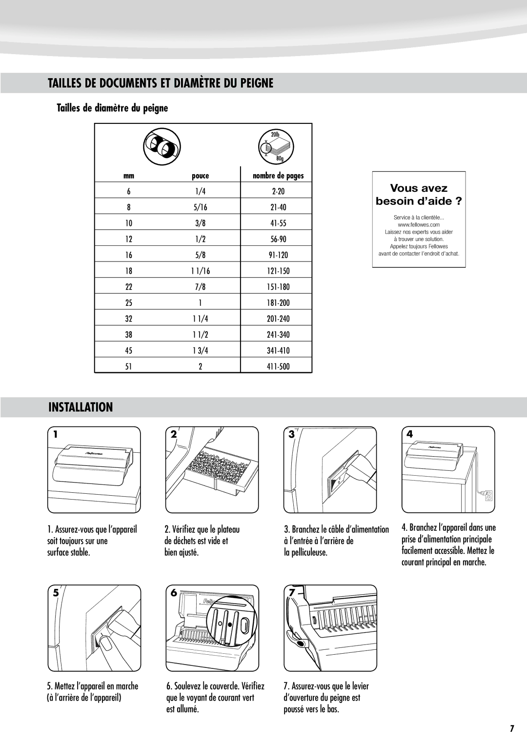 Fellowes e500 manual Tailles DE Documents ET Diamètre DU Peigne, Installation, Tailles de diamètre du peigne 