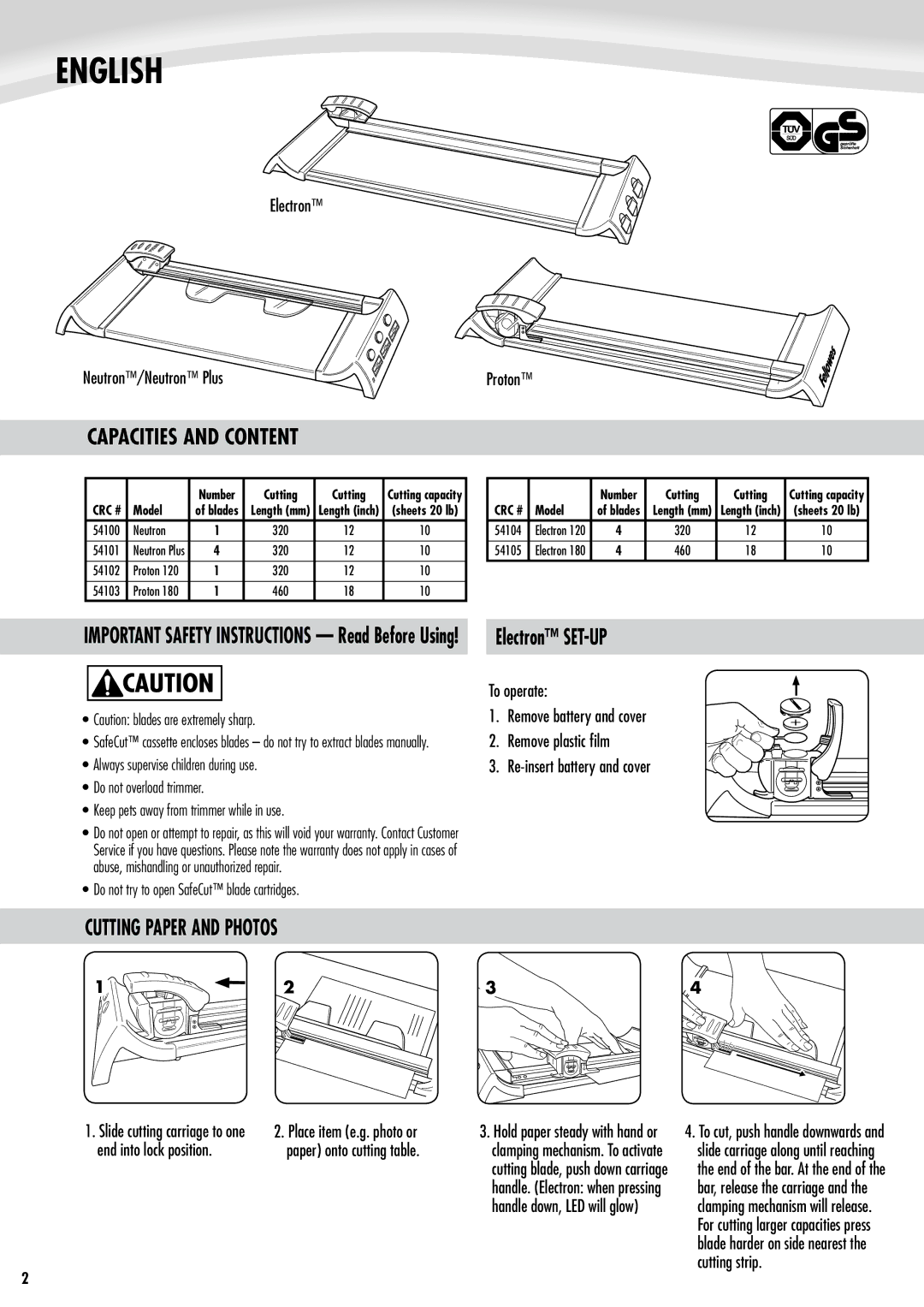 Fellowes Proton 180, Electron 120, Proton 120, Electron 180 manual Capacities and Content, Cutting Paper and Photos 