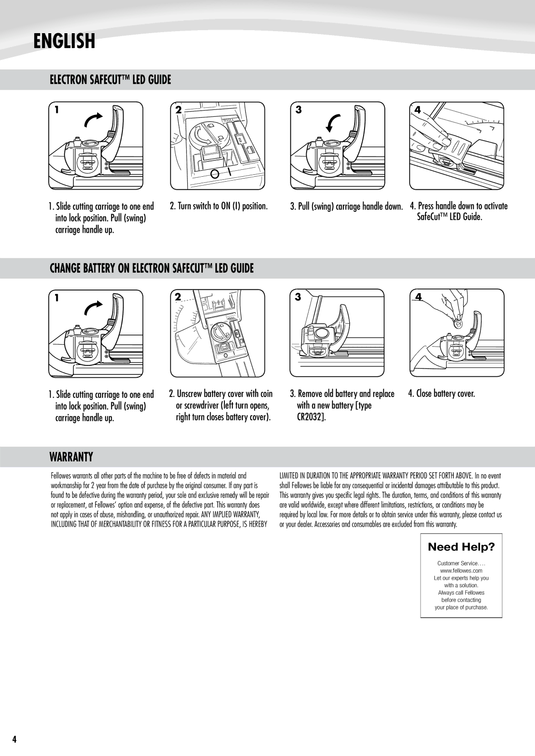 Fellowes Electron 120, Proton 120, Proton 180, Electron 180 manual Change Battery on Electron Safecut LED Guide, Warranty 