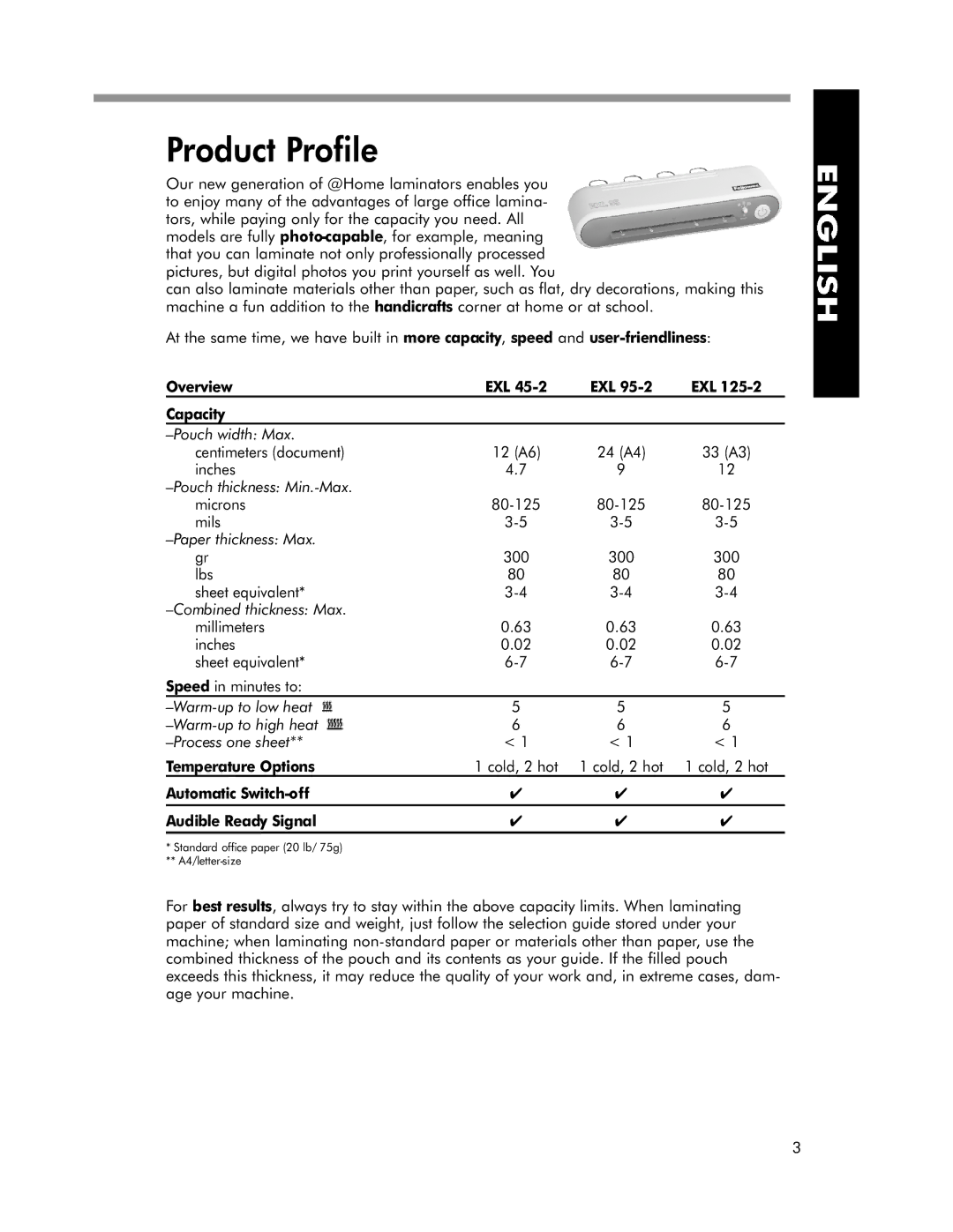 Fellowes EXL 125-2, EXL 45-2, EXL 95-2 manual Product Profile, Capacity 