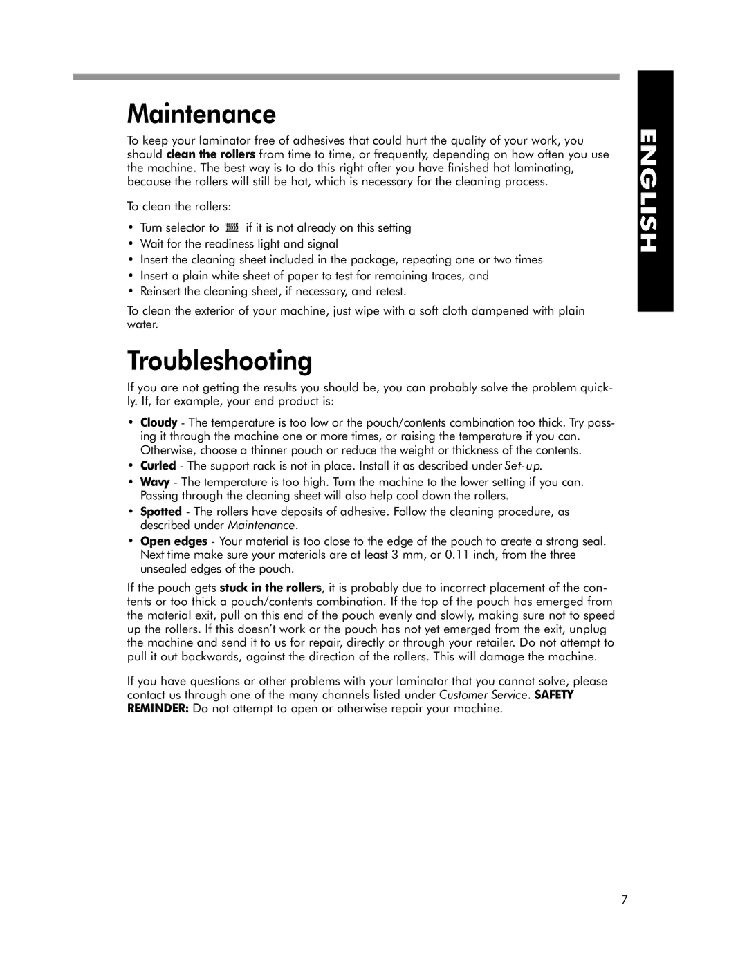 Fellowes EXL 45-2, EXL 95-2, EXL 125-2 manual Maintenance, Troubleshooting 