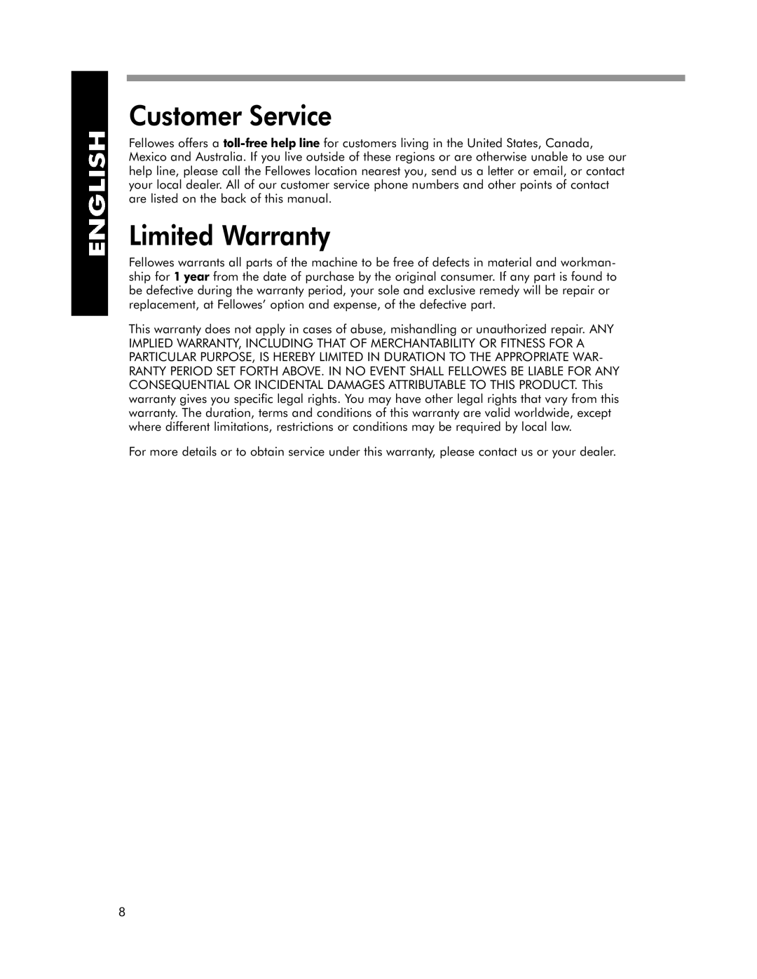 Fellowes EXL 95-2, EXL 45-2, EXL 125-2 manual Customer Service, Limited Warranty 