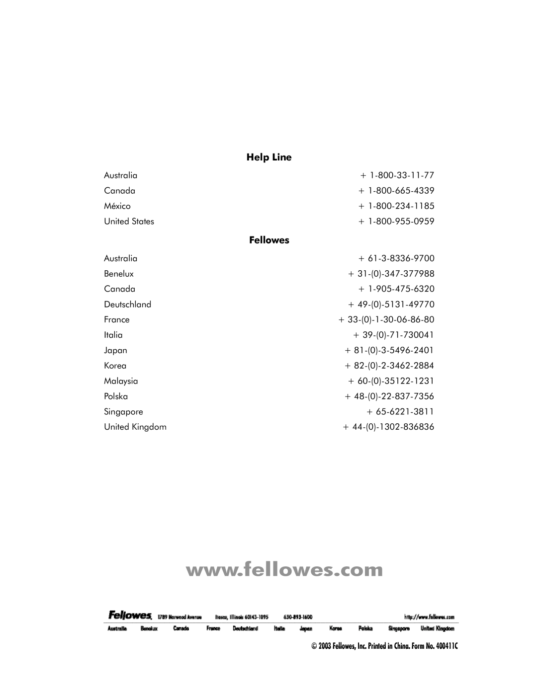 Fellowes EXL 125-2, EXL 45-2, EXL 95-2 manual Help Line, Fellowes, Inc. Printed in China. Form No. 400411C 