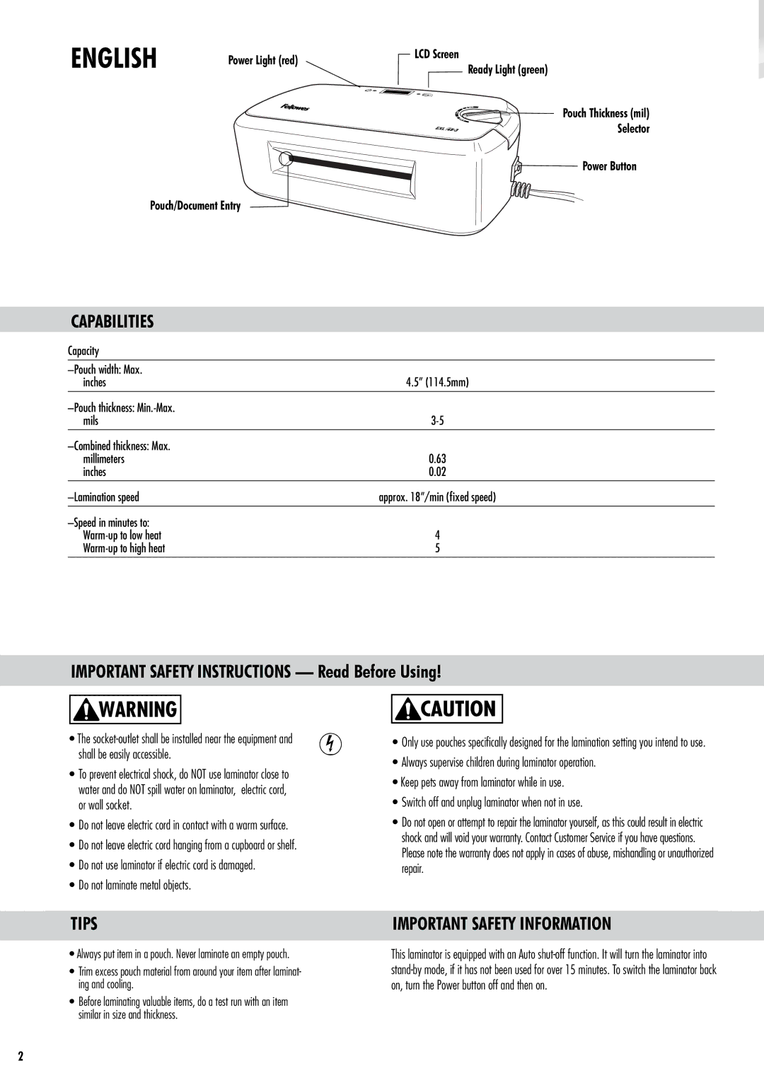 Fellowes EXL45-3 manual English, Capabilities, Tips, Important Safety Information, Capacity Pouch width Max Inches 