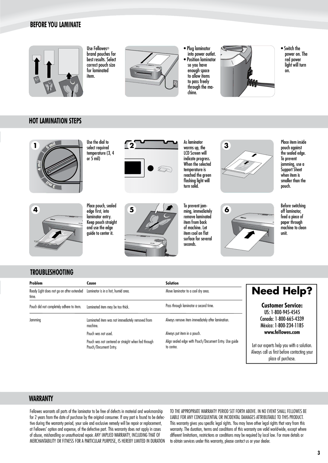 Fellowes EXL45-3 manual Before YOU Laminate, HOT Lamination Steps, Troubleshooting, Warranty, Customer Service 