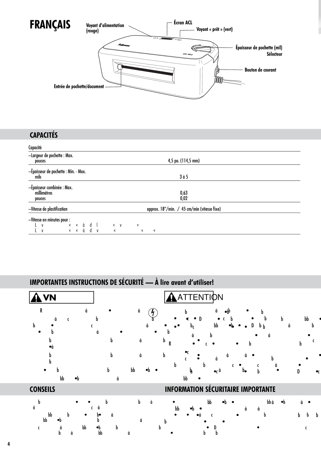 Fellowes EXL45-3 manual Avertissement, Capacités, Conseils, Capacité Largeur de pochette Max Pouces 