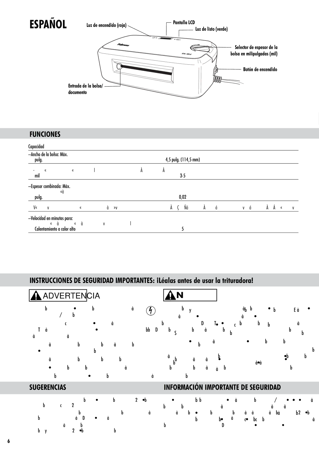 Fellowes EXL45-3 manual Español, Advertencia, Precaución, Funciones, Sugerencias 