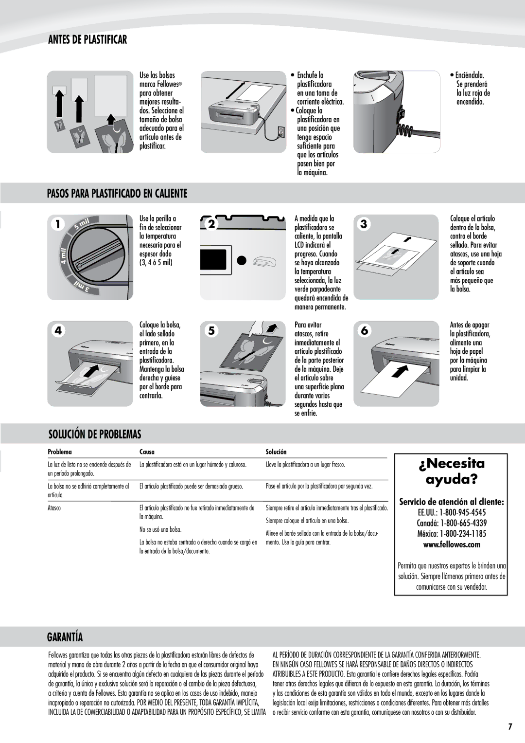 Fellowes EXL45-3 manual ¿Necesita Ayuda?, Antes DE Plastificar, Solución DE Problemas, Garantía 